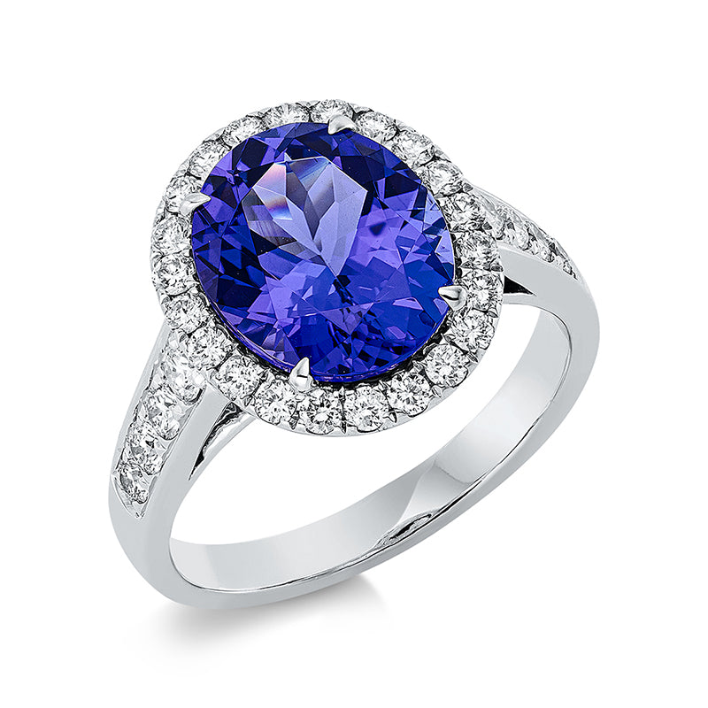Ring 18 kt WG, 30 Brill. 0,69 ct, TW-si, 1 Tansanit 4,09 ct blau