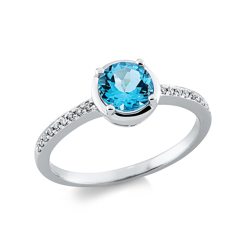 Ring 18 kt WG, 18 Brill. 0,09 ct, TW-si, 1 Topas 0,95 ct blau
