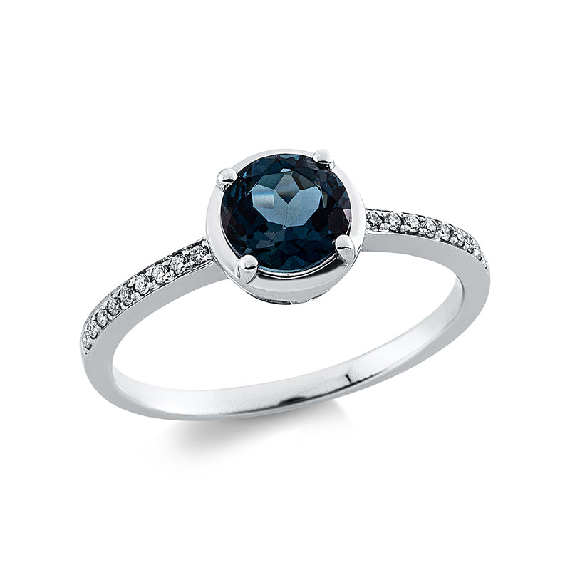 Ring 18 kt WG, 18 Brill. 0,09 ct, TW-si, 1 Topas 1,05 ct Lond. blue