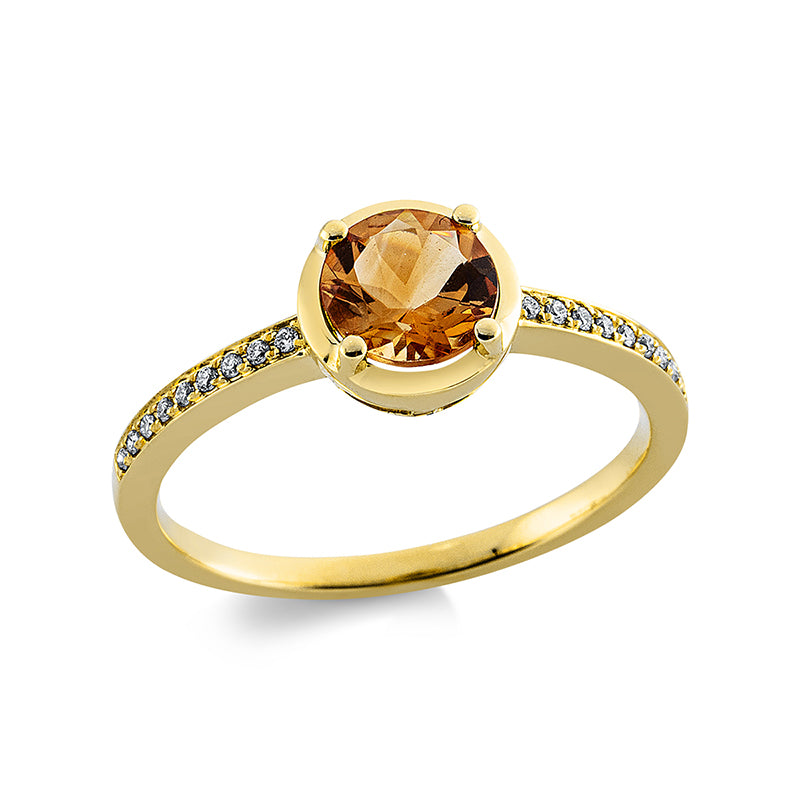 Ring 18 kt GG, 18 Brill. 0,09 ct, TW-si, 1 Citrin 0,66 ct gelb