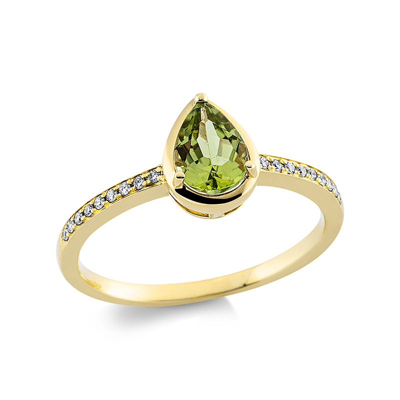 Ring 18 kt GG, 18 Brill. 0,09 ct, TW-si, 1 Peridot 0,76 ct grün