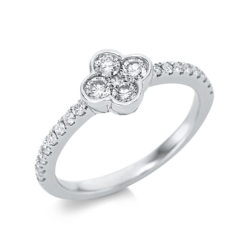Ring 18 kt WG, 1 Brill. 0,03 ct, TW-si, 4 Brill. 0,32 ct, TW-si, 16 Brill. 0,18 ct, TW-si
