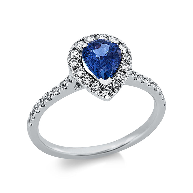 Ring 18 kt WG, 104 Brill. 0,65 ct, TW-vsi/si, 1 Saphir 1,10 ct blau