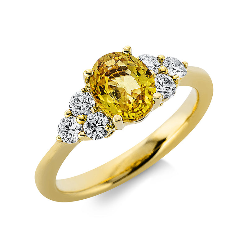 Ring 18 kt GG, 6 Brill. 0,49 ct, TW-vsi, 1 Saphir 1,66 ct gelb