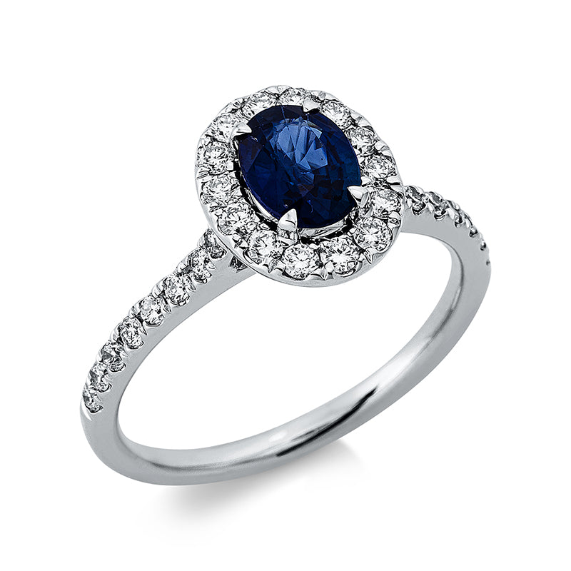 Ring 18 kt WG, 30 Brill. 0,45 ct, TW-si, 1 Saphir 0,81 ct blau
