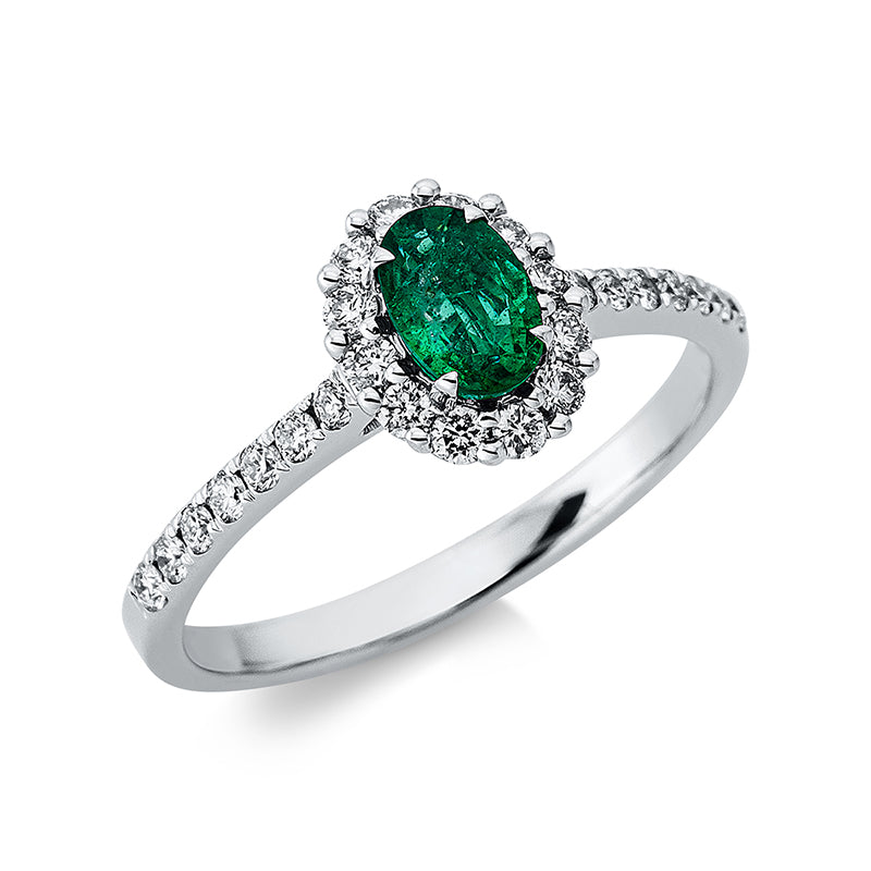 Ring 18 kt WG, 26 Brill. 0,36 ct, TW-si, 1 Smaragd 0,41 ct grün