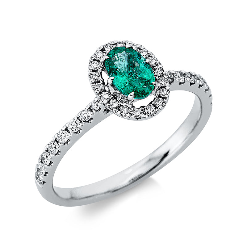Ring 18 kt WG, 34 Brill. 0,27 ct, TW-si, 1 Smaragd 0,49 ct grün
