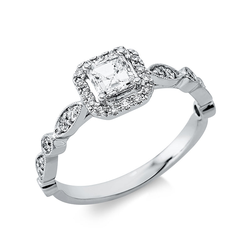 Ring 18 kt WG, 1 Assher 0,44 ct, TW-si, 28 Brill. 0,25 ct, TW-si