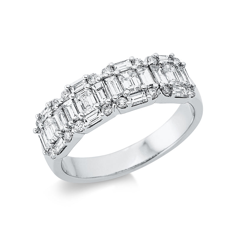Ring 18 kt WG, 16 Trap. 0,62 ct, TW-si, 4 Sm.schliff 0,39 ct, TW-si, 16 Brill. 0,16 ct, TW-si