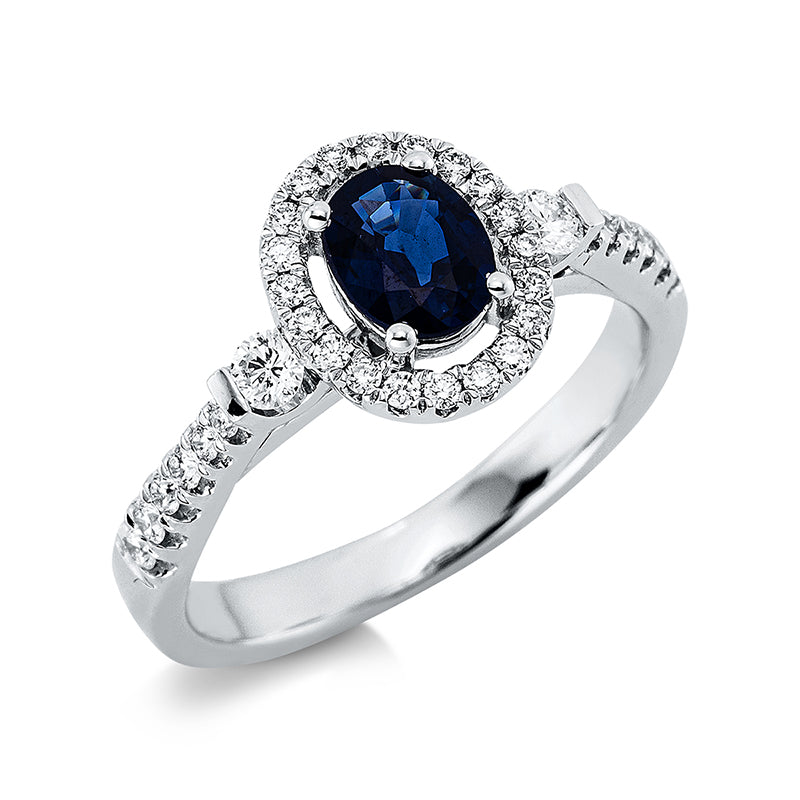 Ring 18 kt WG, 2 Brill. 0,11 ct, TW-si, 32 Brill. 0,26 ct, TW-si, 1 Saphir 0,61 ct blau