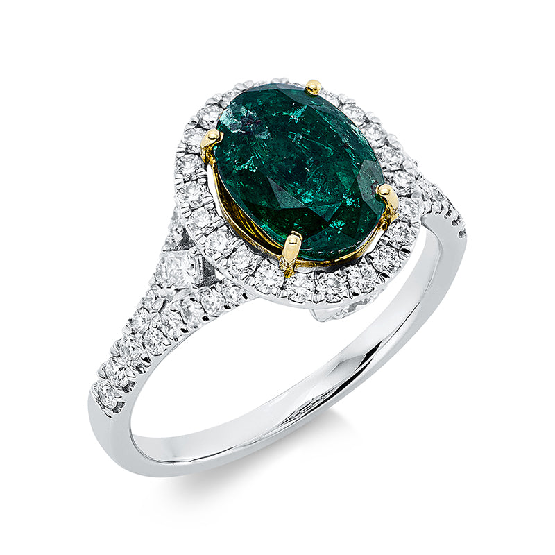 Ring 18 kt WG+GG, 2 Brill. 0,18 ct, TW-si, 2 Princ. 0,07 ct, TW-si, 48 Brill. 0,50 ct, TW-si, 1 Smaragd 2,11 ct grün