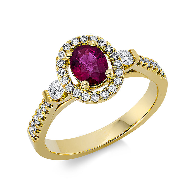 Ring 18 kt GG, 2 Brill. 0,11 ct, TW-si, 32 Brill. 0,26 ct, TW-si, 1 Rubin 0,60 ct rot