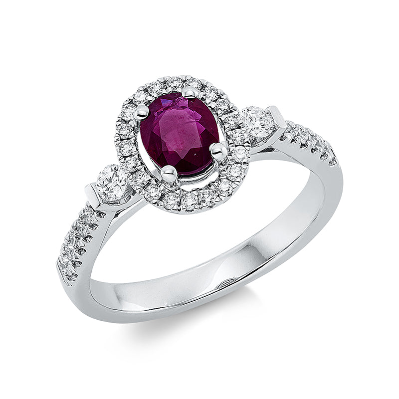 Ring 18 kt WG, 2 Brill. 0,11 ct, TW-si, 32 Brill. 0,26 ct, TW-si, 1 Rubin 0,60 ct rot