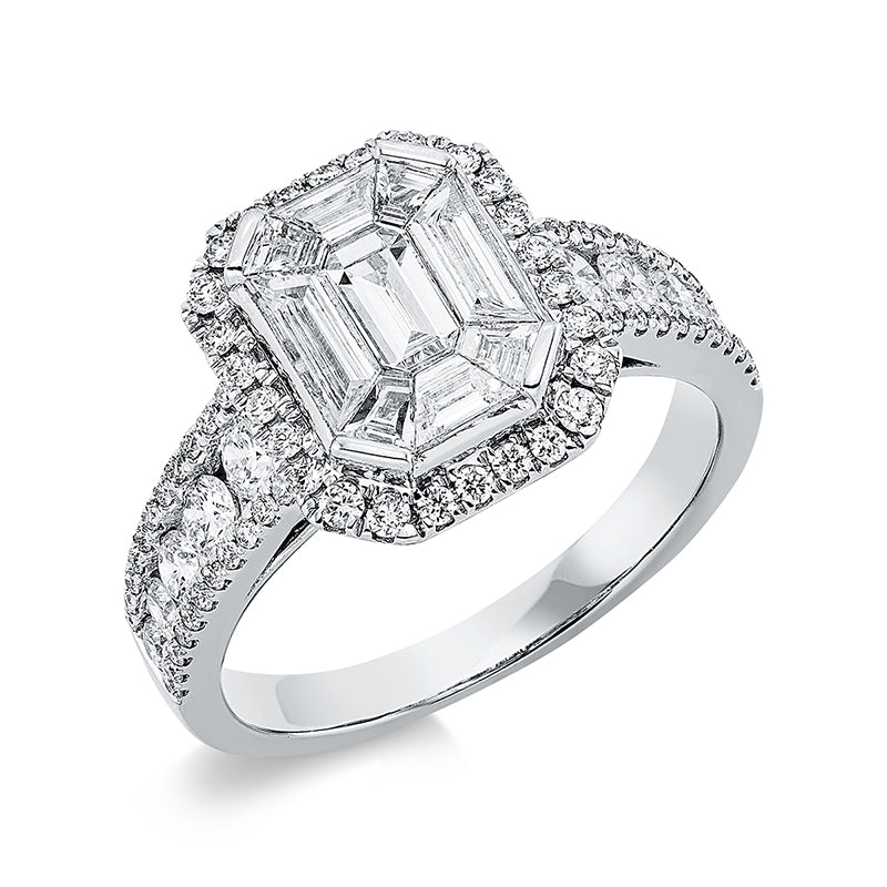 Ring 18 kt WG, 6 Brill. 0,35 ct, TW-si, 9 Sm.schliff 0,70 ct, TW-si, 74 Brill. 0,47 ct, TW-si