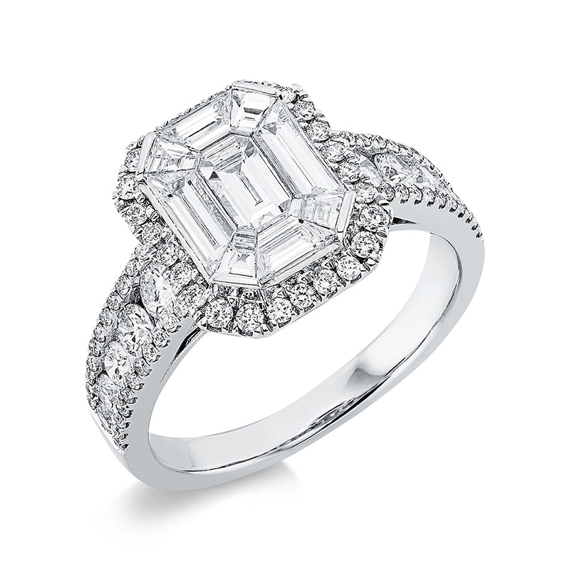 Ring 18 kt WG, 6 Brill. 0,36 ct, TW-si, 9 Sm.schliff 1,06 ct, TW-si, 74 Brill. 0,47 ct, TW-si