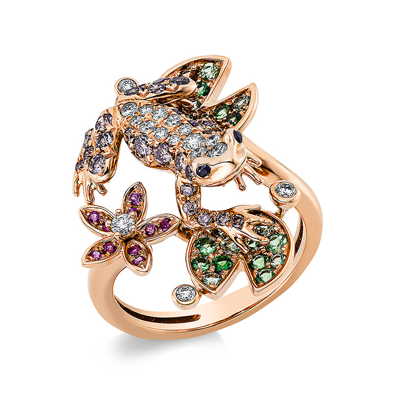 Ring 18 kt RG, 17Br. 0,22ct, TW-vsi, 34Br. 0,46ct, br, 2Br. 0,01ct, schw, 10Sa 0,07ct pink, 31Ts 0,47ct