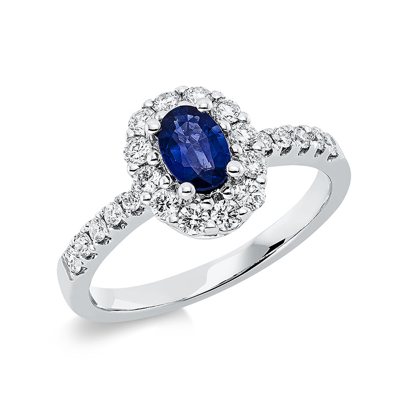 Ring 18 kt WG, 22 Brill. 0,49 ct, TW-si, 1 Saphir 0,56 ct blau
