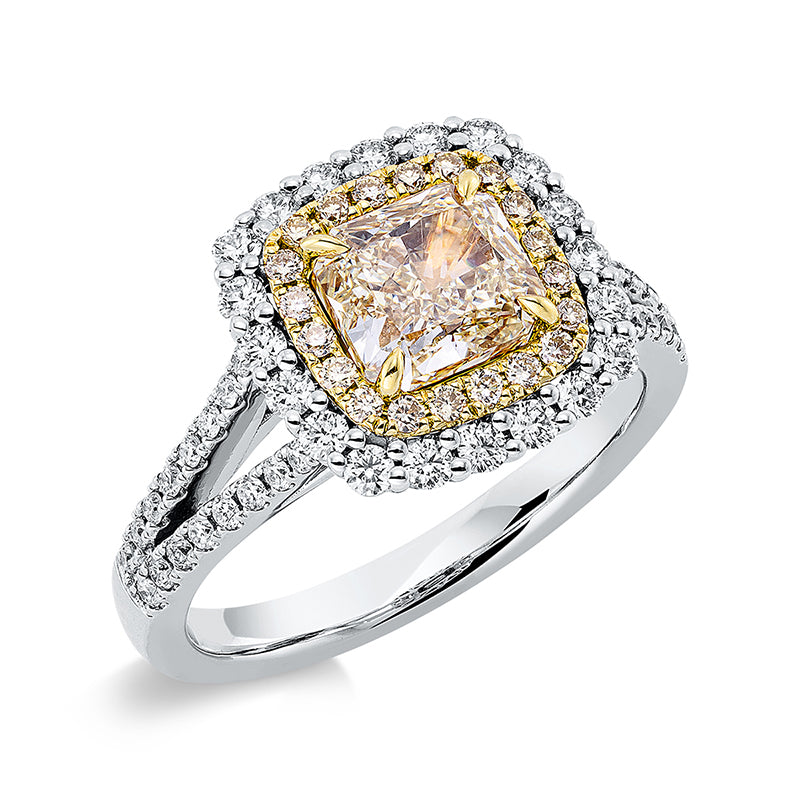 Ring 18 kt WG+GG, GIA 15823946, 1 Radiant 1,50 ct, gelb-si1, 52 Brill. 0,49 ct, TW-si, 20 Brill. 0,14 ct, gelb