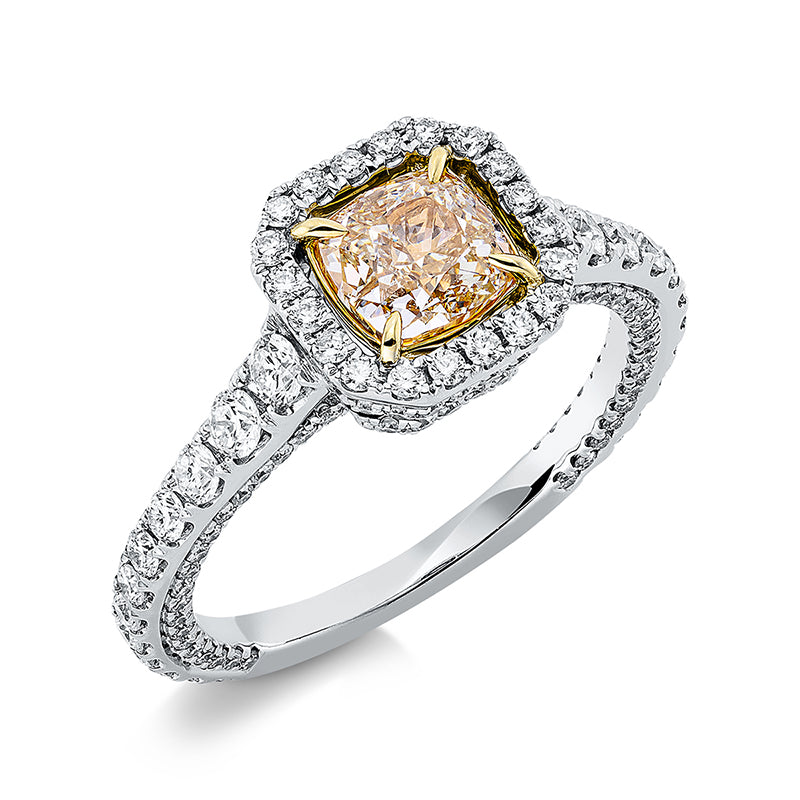 Ring 18 kt WG+GG, GIA 1309132415, 6 Brill. 0,24 ct, TW-si, 1 Cushion 1,07 ct, gelb-si1, 142 Brill. 0,78 ct, TW-si