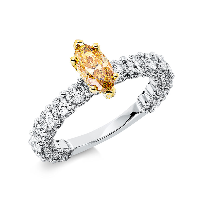 Ring 18 kt WG+GG, GIA 2426255110, 16 Brill. 1,47 ct, TW-si, 1 Nav. 0,74 ct, gelb-si2, 132 Brill. 0,57 ct, TW-si