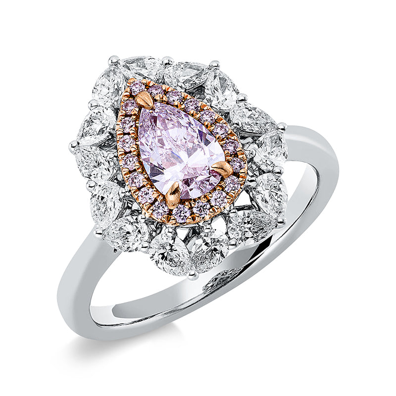 Ring 18 kt WG+RG, GIA 6213154754, 1 Tropfen 0,56 ct, pink-si1, 14 Tropfen 0,80 ct, TW-vsi/si, 19 Brill. 0,09 ct, pink