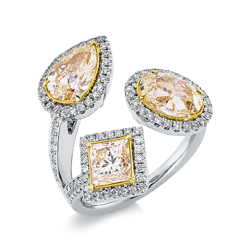 Ring 18 kt WG+GG, 90 Brill. 0,50 ct, TW-si, 1 Princ. 1,01 ct, gelb, 1 Tropfen 1,01 ct, gelb, 1 Cushion 1,59 ct, gelb
