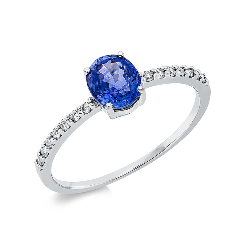 Ring 18 kt WG, 14 Brill. 0,10 ct, TW-pi, 1 Saphir 0,97 ct blau