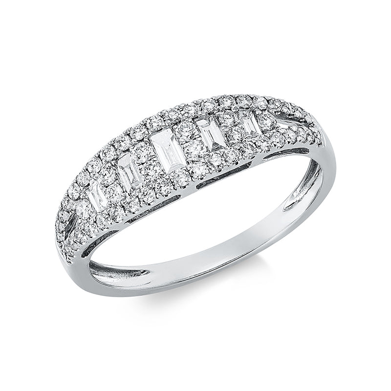 Ring 18 kt WG, 42 Brill. 0,25 ct, TW-si, 5 Bag. 0,15 ct, TW-si, 10 Brill. 0,12 ct, TW-si