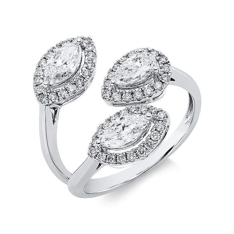 Ring 18 kt WG, GIA 3pcs, 1 Nav. 0,34 ct, E-vs1, 1 Tropfen 0,30 ct, E-vs2, 52 Brill. 0,31 ct, TW-si, 1 Nav. 0,30 ct, E-vs2
