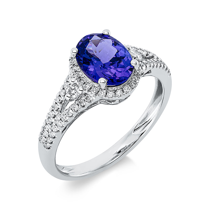 Ring 14 kt WG, 66 Brill. 0,30 ct, TW-si, 1 Tansanit 1,49 ct blau