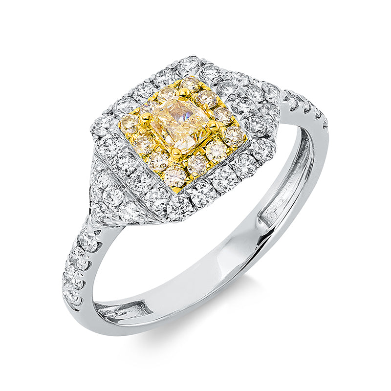 Ring 18 kt WG+GG, 34 Brill. 0,49 ct, TW-si, 1 Cushion 0,26 ct, gelb, 12 Brill. 0,13 ct, gelb