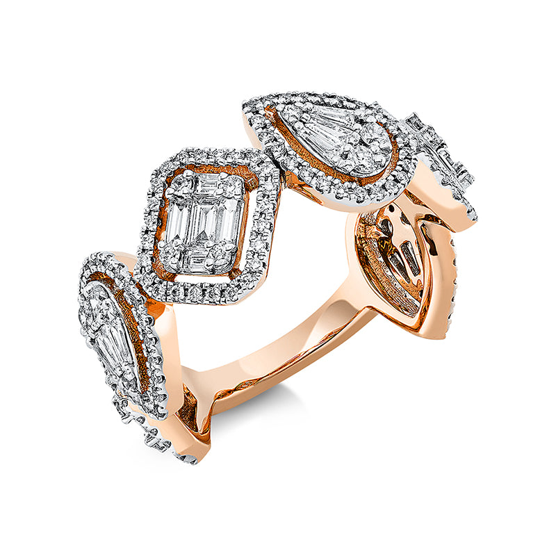 Ring 18 kt RG, Fassung rhodiniert, 15 Bag. 0,28 ct, TW-si, 9 Trap. 0,13 ct, TW-si, 165 Brill. 0,51 ct, TW-si