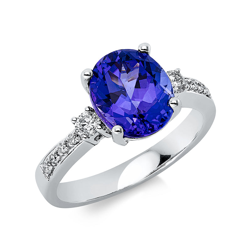 Ring 14 kt WG, 10 Brill. 0,21 ct, TW-si, 1 Tansanit 3,49 ct blau