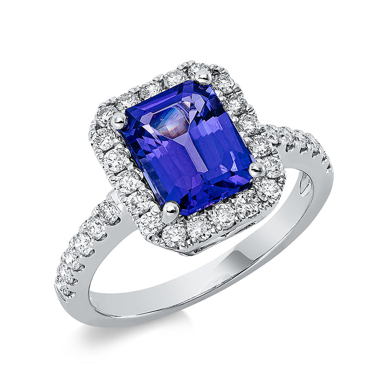 Ring 14 kt WG, 32 Brill. 0,58 ct, TW-si, 1 Tansanit 2,34 ct blau