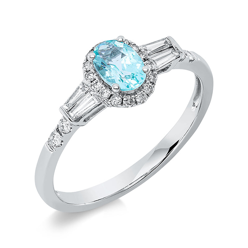 Ring 18 kt WG, 4 Bag. 0,15 ct, TW-si, 20 Brill. 0,13 ct, TW-si, 1 Paraiba 0,41 ct blau