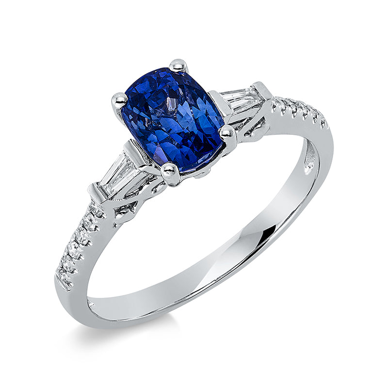 Ring 18 kt WG, 2 Bag. 0,09 ct, TW-si, 14 Brill. 0,10 ct, TW-si, 1 Saphir 1,93 ct blau