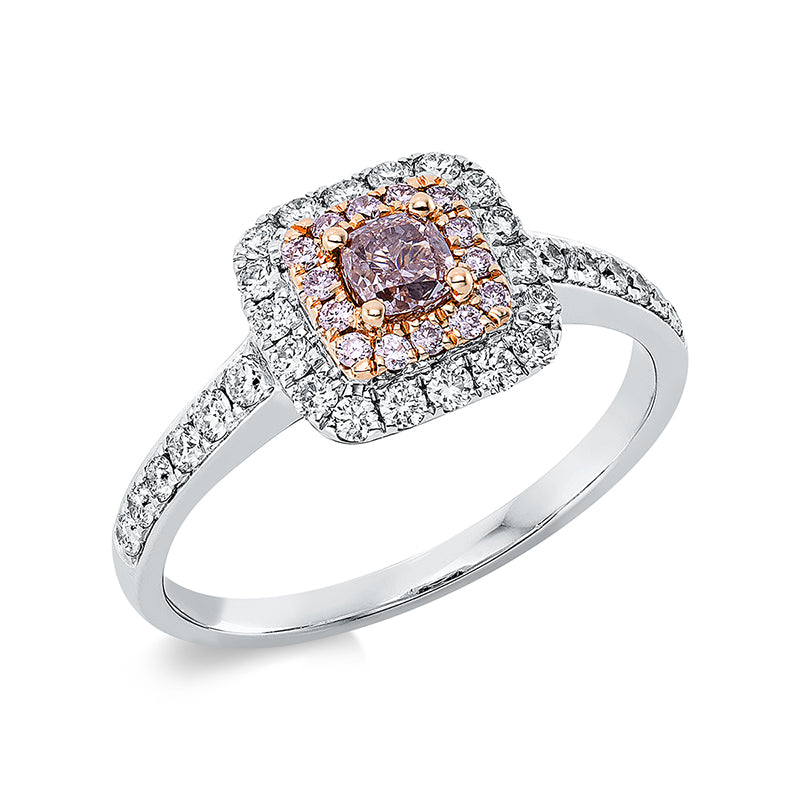 Ring 18 kt WG+RG, 30 Brill. 0,47 ct, TW-si, 1 Cushion 0,29 ct, pink, 14 Brill. 0,09 ct, pink