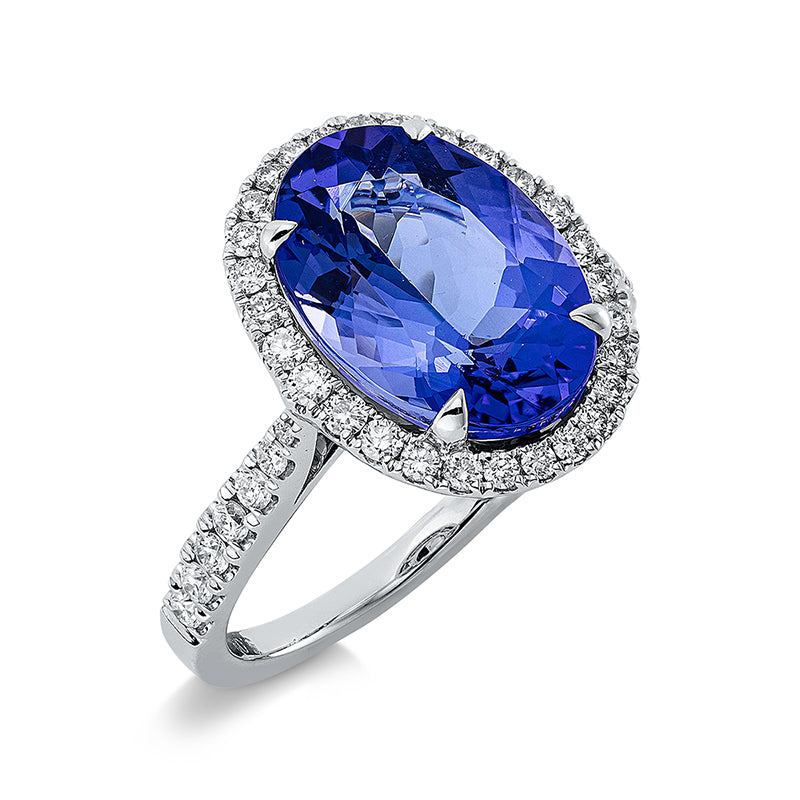 Ring 18 kt WG, 42 Brill. 0,48 ct, TW-si, 1 Tansanit 5,21 ct blau