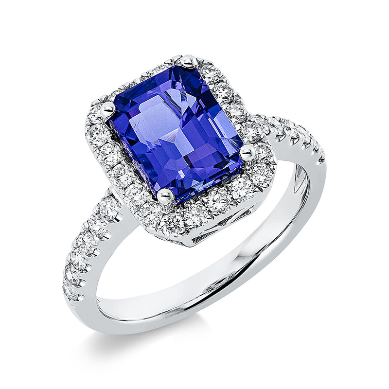 Ring 18 kt WG, 32 Brill. 0,63 ct, TW-si, 1 Tansanit 3,05 ct blau