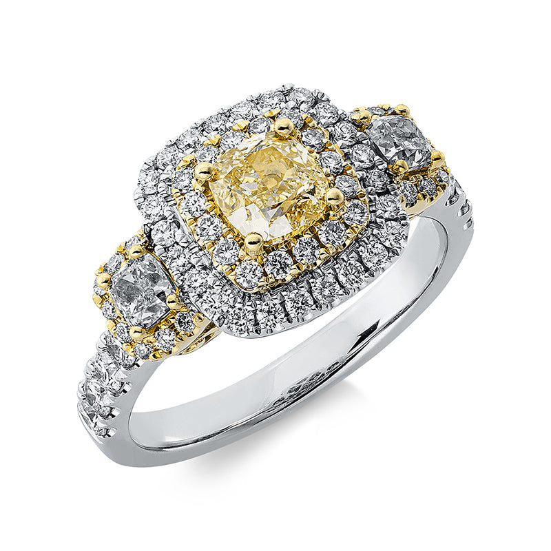 Ring 18 kt WG+GG, 32 Brill. 0,47 ct, TW-si, 2 Cushion 0,36 ct, 1 Cushion 0,70 ct, 32 Brill. 0,22 ct, gelb