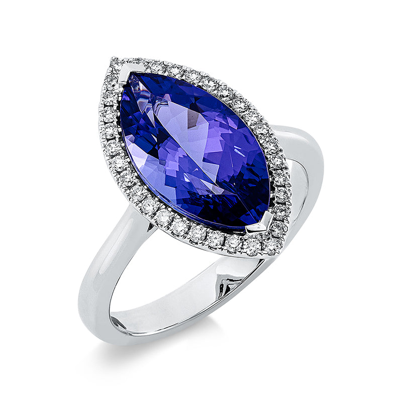 Ring 18 kt WG, 32 Brill. 0,21 ct, TW-si, 1 Tansanit 4,08 ct blau