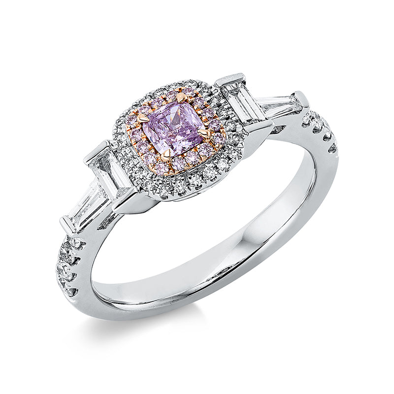 Ring 18 kt WG+RG, GIA6224946833, 4 Bag. 0,26 ct, TW-si, 30 Brill. 0,24 ct, TW-si, 1 Cushion 0,23 ct, pink, 16 Brill. 0,06 ct, pink