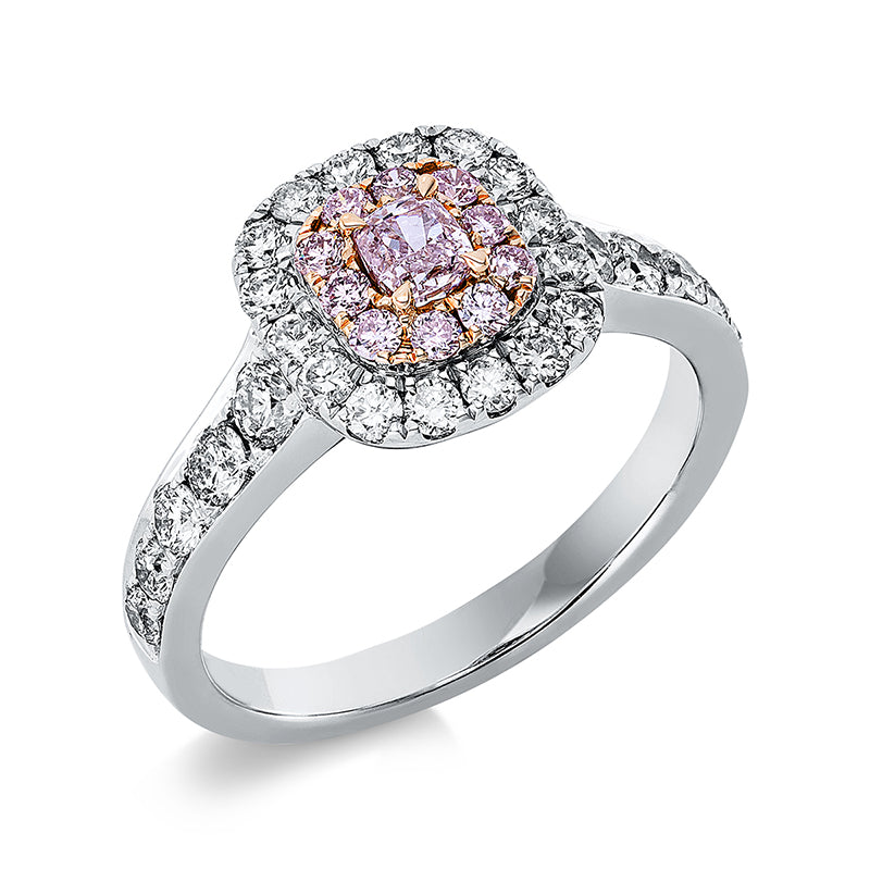 Ring 18 kt WG+RG, GIA6224939915, 1 Cushion 0,20 ct, pink-i2, 26 Brill. 0,84 ct, TW-si, 10 Brill. 0,17 ct, pink
