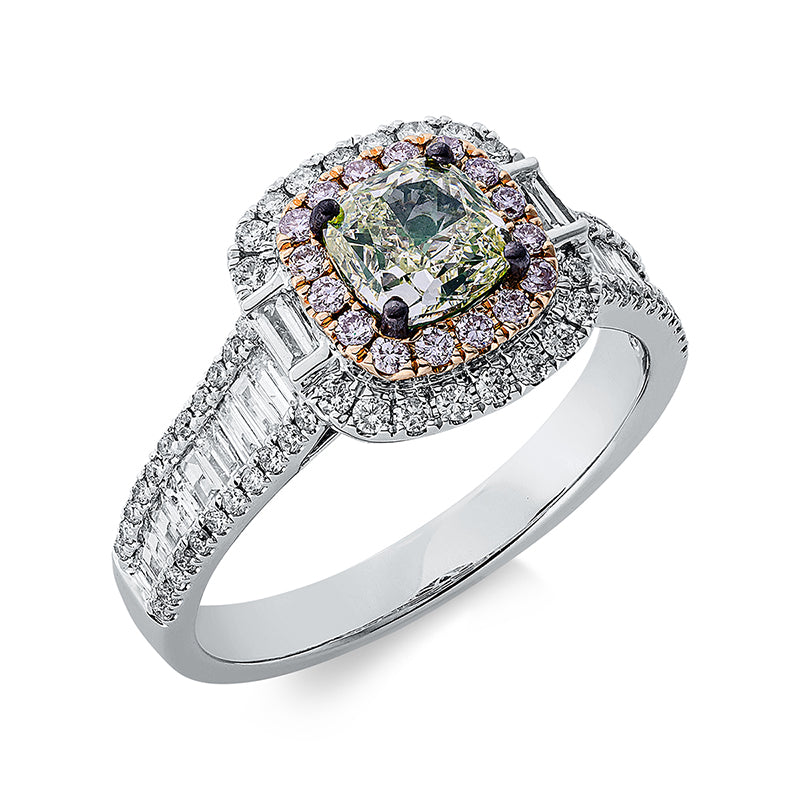 Ring 18 kt WG+RG,, 24 Bag. 0,36 ct, 62 Br. 0,27 ct, TW-si, 1 Cush 1,01 ct, grün, 16 Br. 0,13 ct, pink
