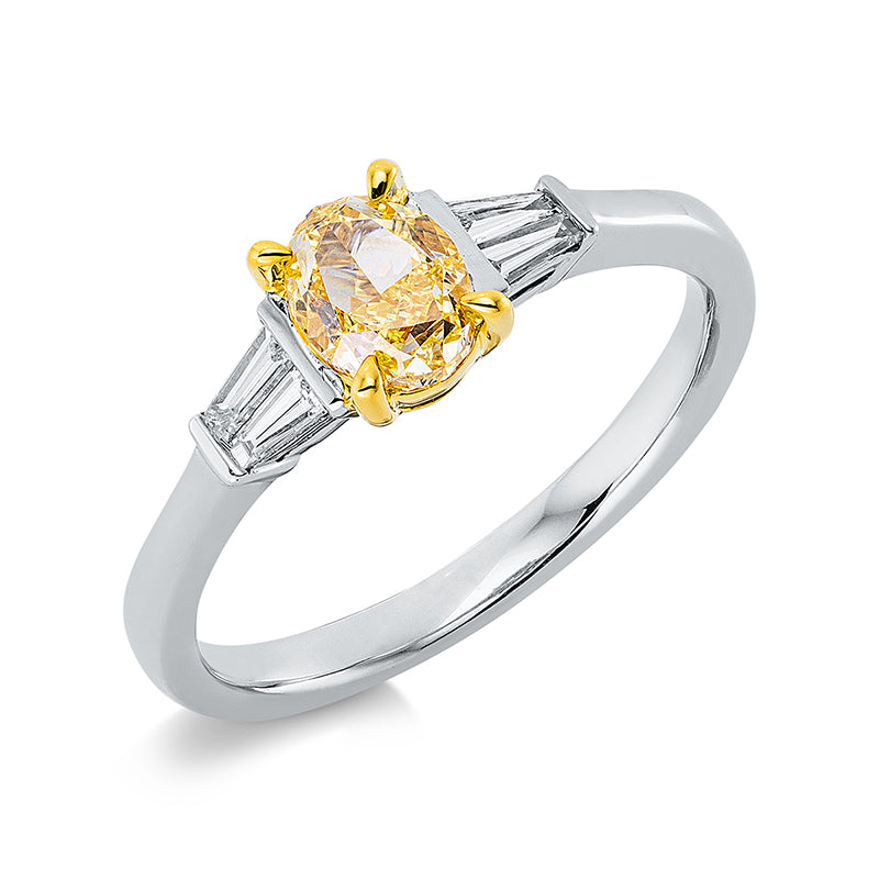Ring 18 kt WG+GG, GIA6441176047, 1 Oval 1,00 ct, gelb-si, 4 Bag. 0,17 ct, TW-si