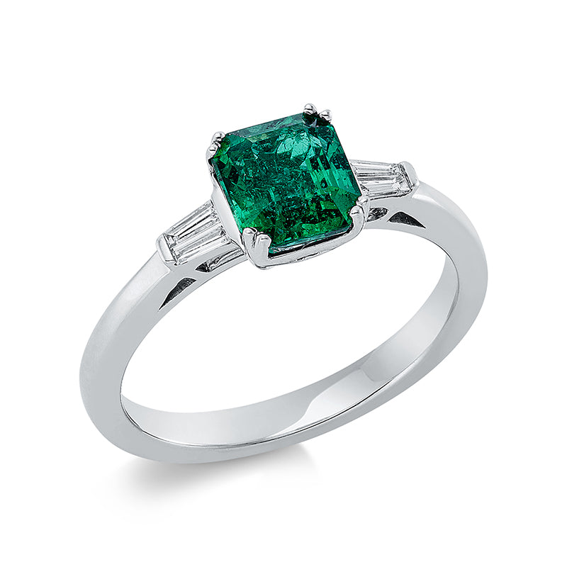 Ring 18 kt WG, 4 Bag. 0,10 ct, TW-si, 1 Smaragd 1,27 ct grün