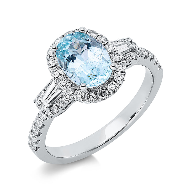 Ring 18 kt WG, 2 Bag. 0,15 ct, TW-si, 46 Brill. 0,49 ct, TW-si, 1 Paraiba 1,38 ct blau