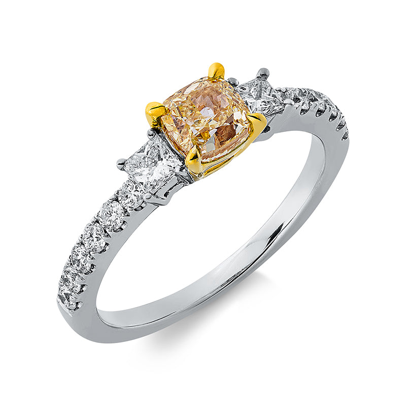 Ring 18 kt WG+GG, GIA, 2 Princ. 0,25 ct, TW-si, 1 Cushion 1,00 ct, gelb-i2, 12 Brill. 0,30 ct, TW-si