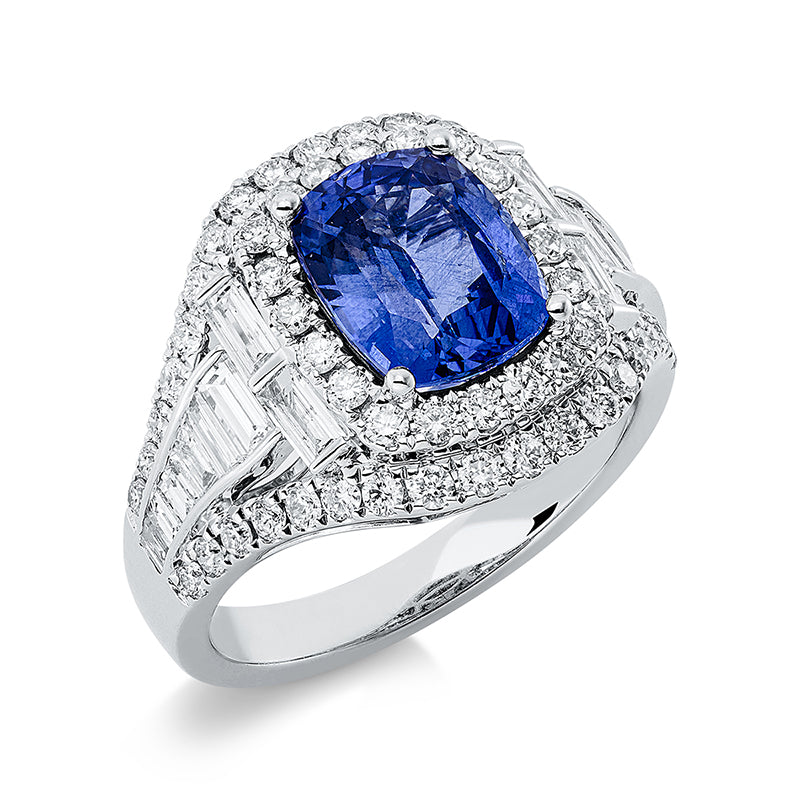 Ring 18 kt WG, 16 Bag. 0,75 ct, TW-si, 58 Brill. 0,76 ct, TW-si, 1 Saphir 3,01 ct blau