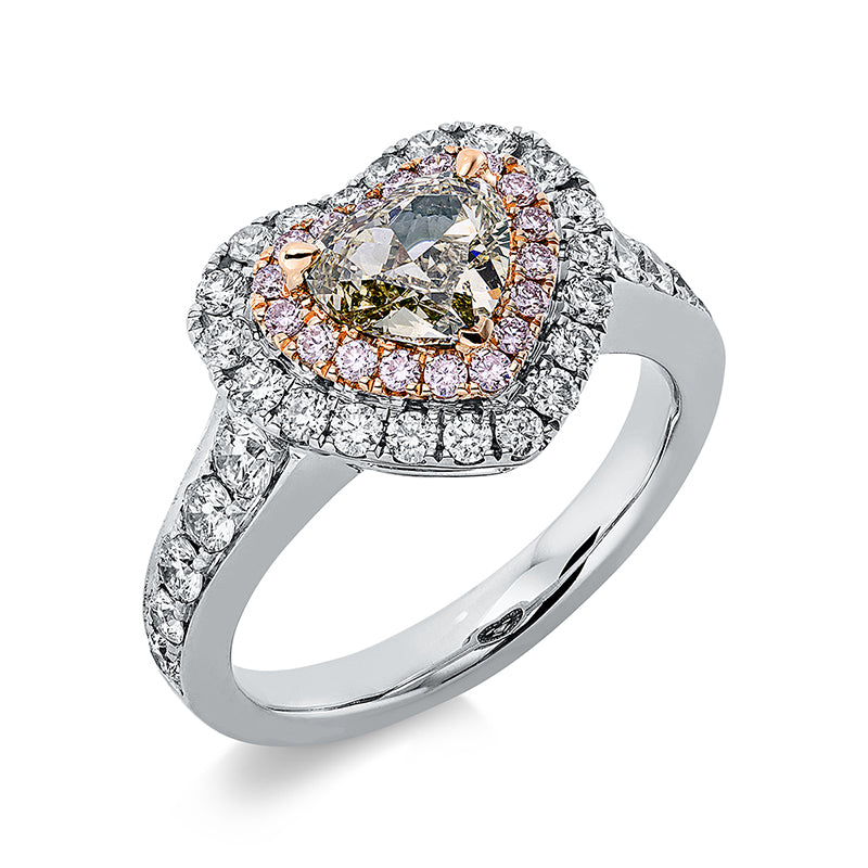 Ring 18 kt WG+RG, GIA7466420099, 1 Herzschl. 1,10 ct, gelb-si, 30 Brill. 0,87 ct, TW-si, 18 Brill. 0,18 ct, pink